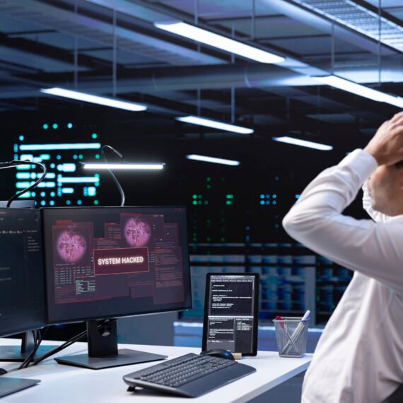 Technician in server hub doing face palm gesture, trying to protect hardware from hacker stealing information. Close up of data center employee stressed by security breach alert caused by virus