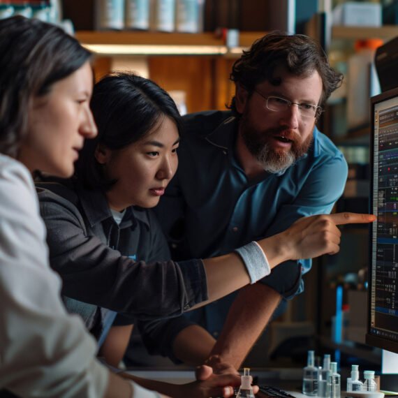 A team of scientists collaborates on complex data analysis using advanced computer screens in a laboratory